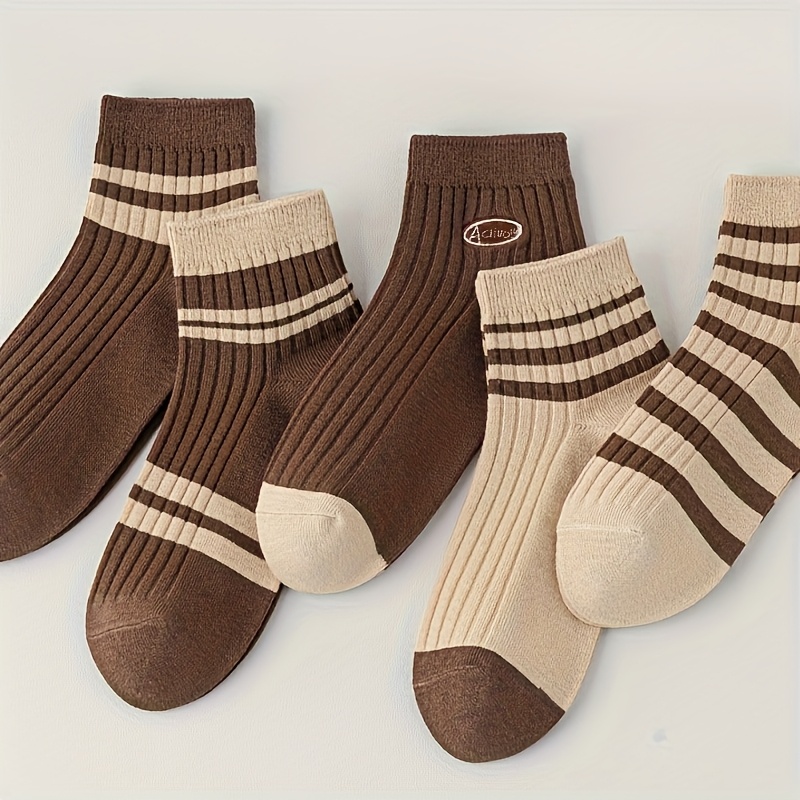 TEMU 5 Par Damskich Brązowych Skarpetek w Paski - Miękkie Oddychające z Prążkowanym Rękawem, Codzienne Skarpety z Kontrastowymi Palcami, Tylko Pranie
