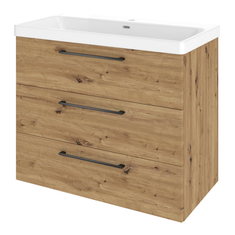 Szafka umywalkowa wisząca 3 szuflady z umywalką 91x49.7 cm zestaw Remix brązowa złoty dąb Sensea