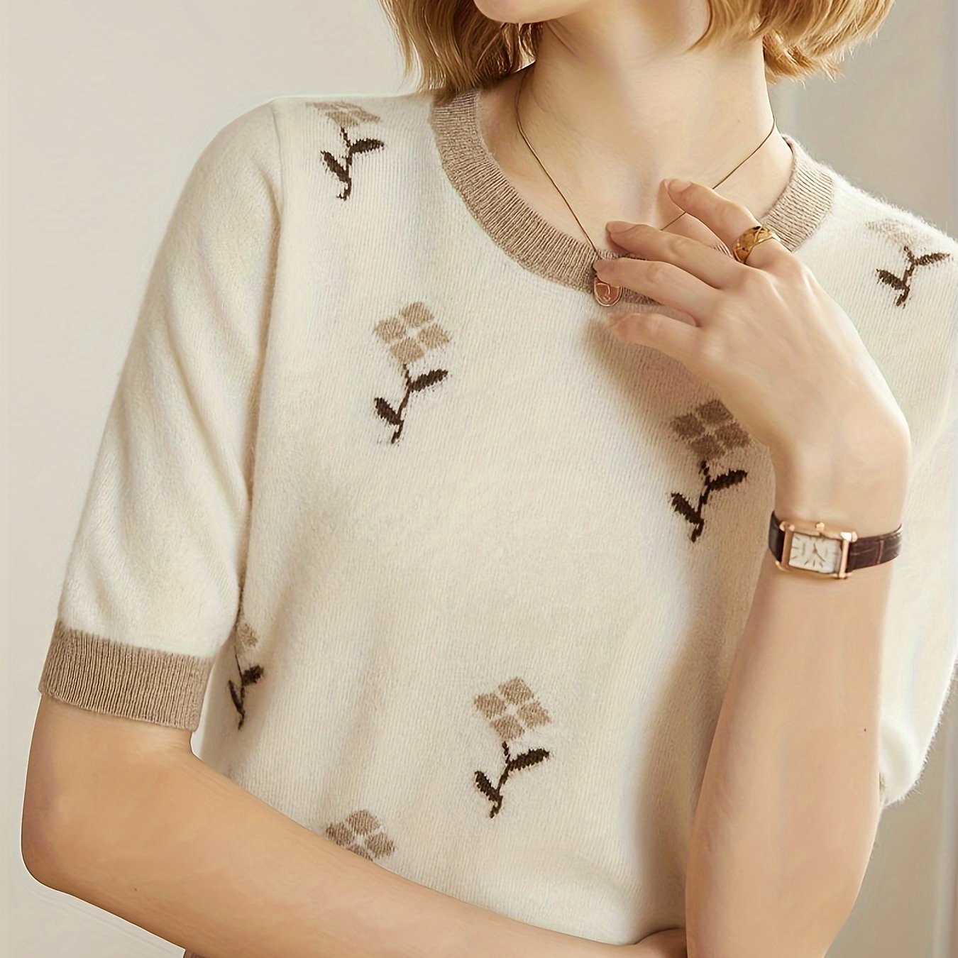 TEMU Sweter Damski z Haftem Kwiatowym - Krótki Rękaw, Okrągły Dekolt, Wiosna Jesień, Elegancka Casualowa Odzież, Delikatny Frotte, Subtelna Tekstura,