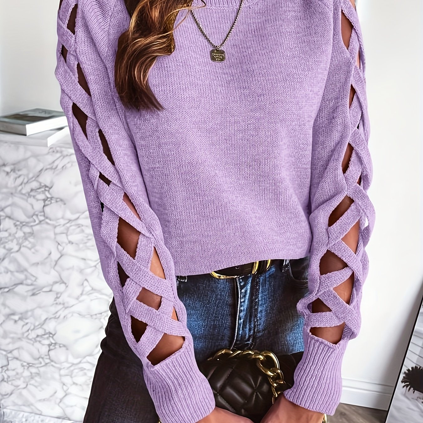 TEMU Sweter Damski - Sweter z Otworami, Długi Rękaw, Elegancki Pulower na Jesień/Zimę, Codzienny i Formalny Styl, Casualowa Odzież Zimowa, Wytrzymały