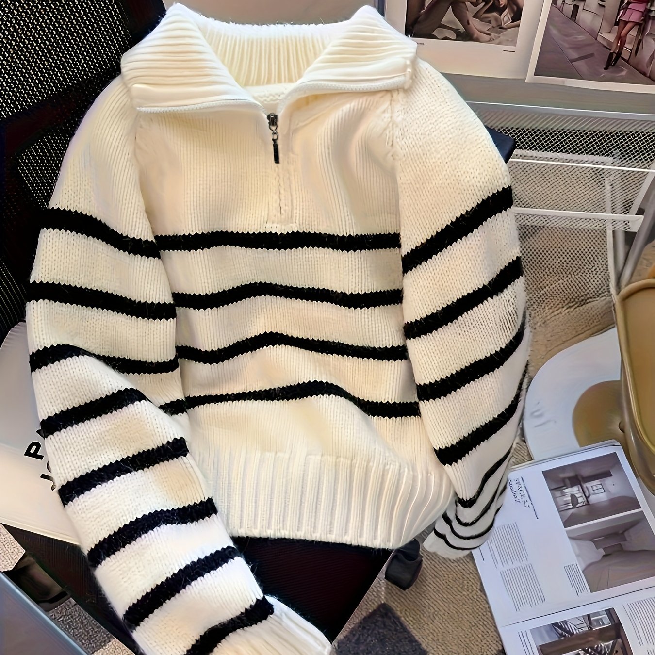 TEMU Sweter damski w paski z kolorowymi blokami - miękki, luźny pulower z kontrastowym kołnierzem, średnio rozciągliwy top na jesień i zimę, wygodna