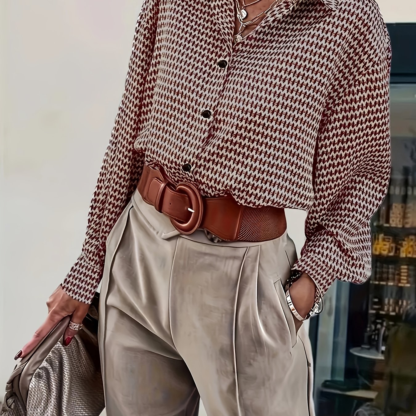 TEMU Meiling Elegancka Koszula w Paski z Długim Rękawem dla Kobiet - Bluzka na Guziki o Wschodnio-Bliskowschodnim Stylu, Szpiczasty Kołnierzyk,