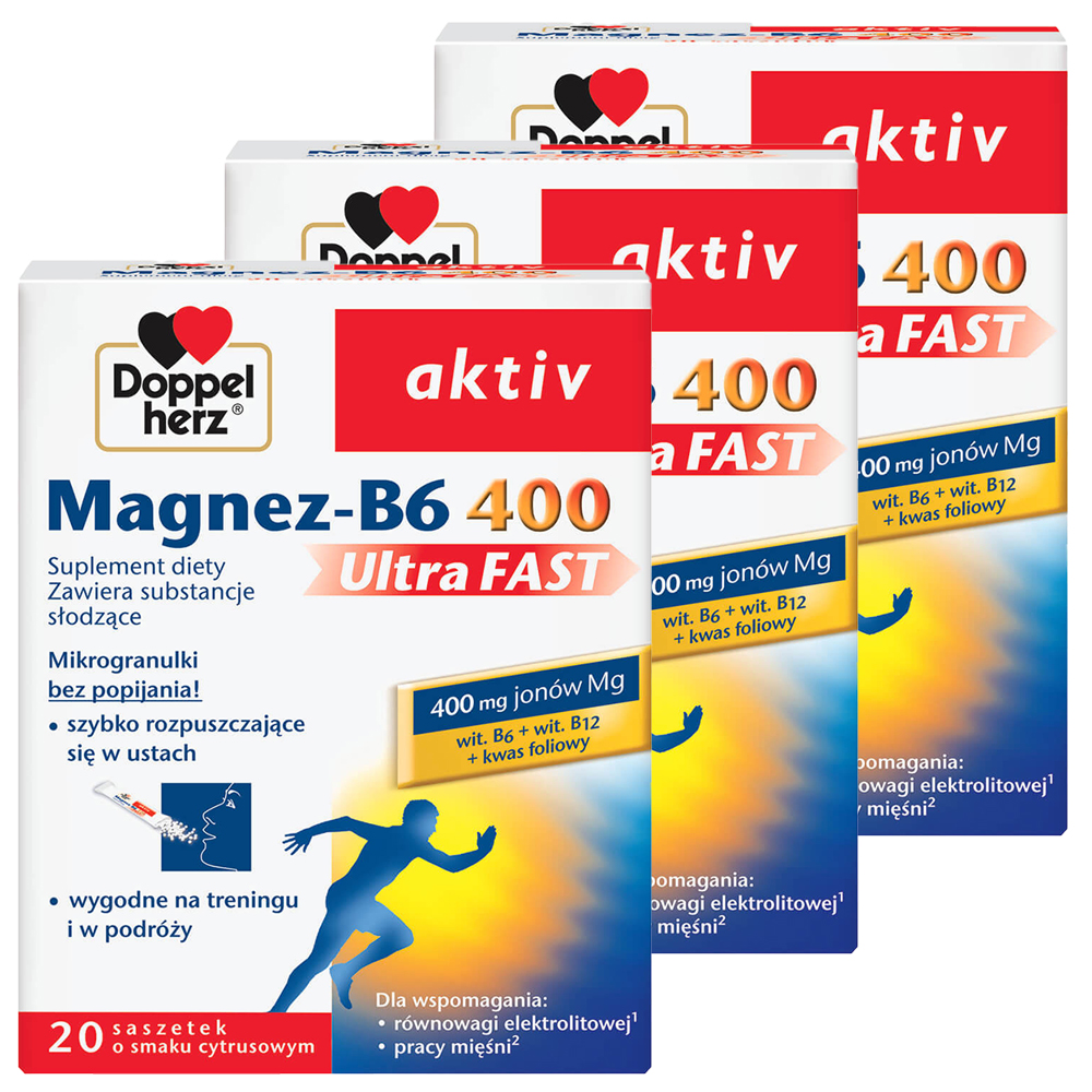 Zestaw Doppelherz aktiv Magnez-B6 400 UltraFast, smak cytrusowy, 3 x 20 saszetek