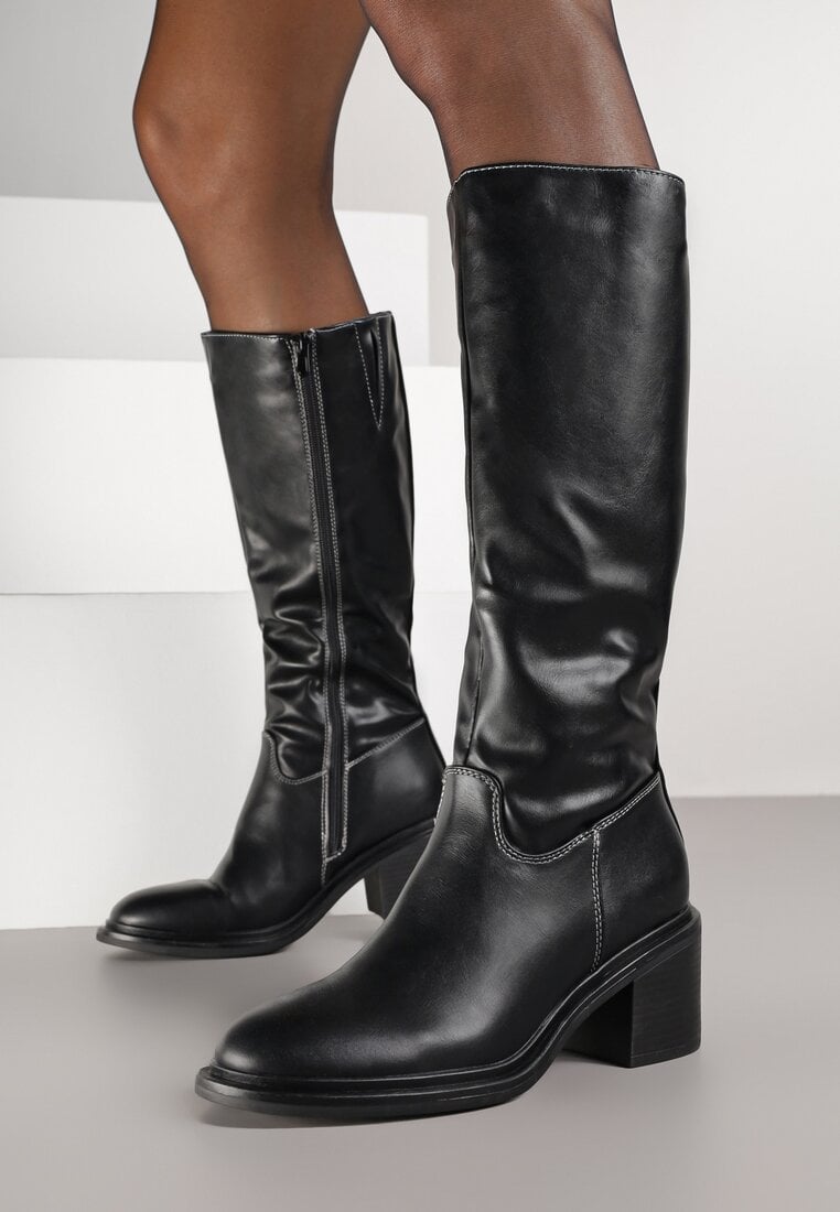 Czarne Kozaki Vices na Obcasie w Stylu Oficerek Afurrive