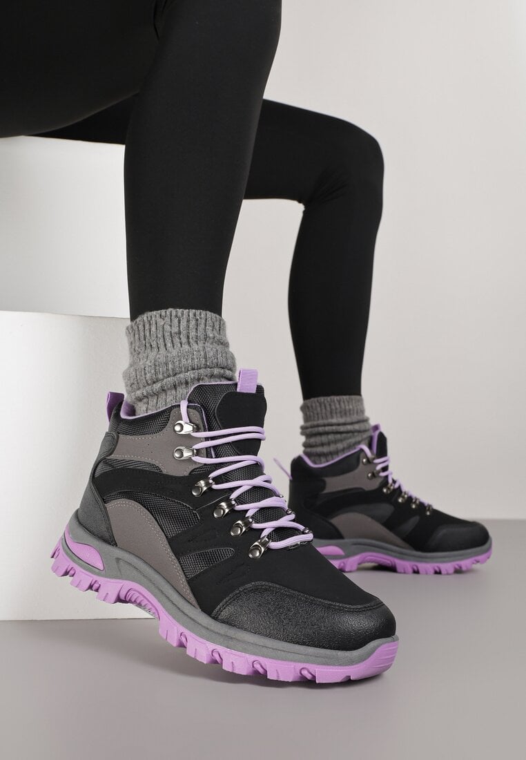 Czarno-Fioletowe Buty Trekkingowe Trapery Vices Ozdobione Przeszyciami Narrive