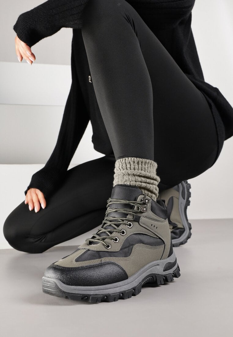 Czarno-Zielone Buty Trekkingowe Trapery Vices z Geometrycznym Wzorem Anerisse