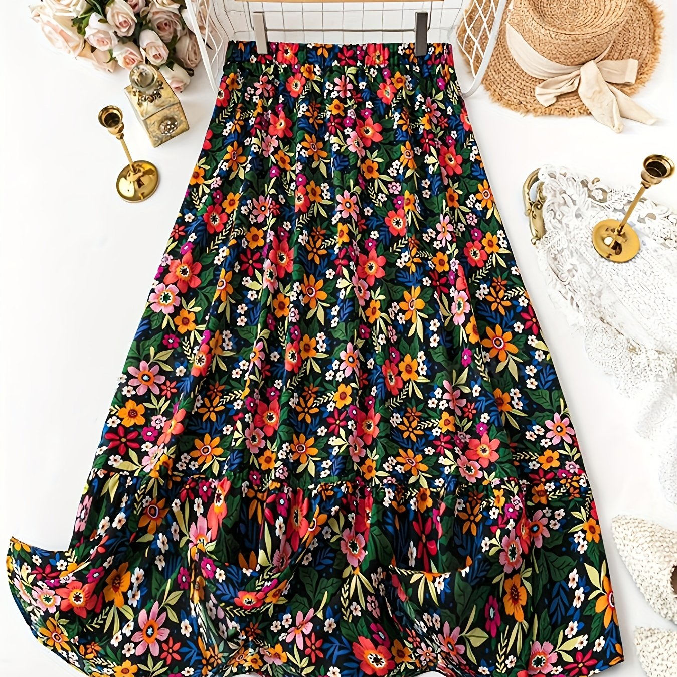 TEMU Spódnica maxi z nadrukiem kwiatowym dla kobiet, z detalem falban, całoroczny styl wakacyjny, tkanina - LF23187-0