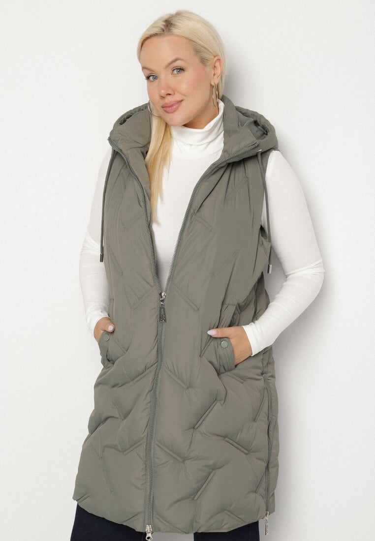 Zielona Pikowana Kamizelka z Kapturem i Kieszeniami Esarivie