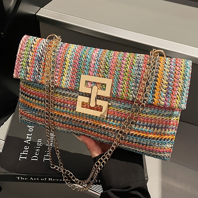 TEMU Modna Damska Torebka Na Jedno Ramię Z Kolorowym Paskiem, Wielokomorowa Torebka W Stylu Boho Z Płótna I Łańcuchem, Preferowana Klasyczna Torebka