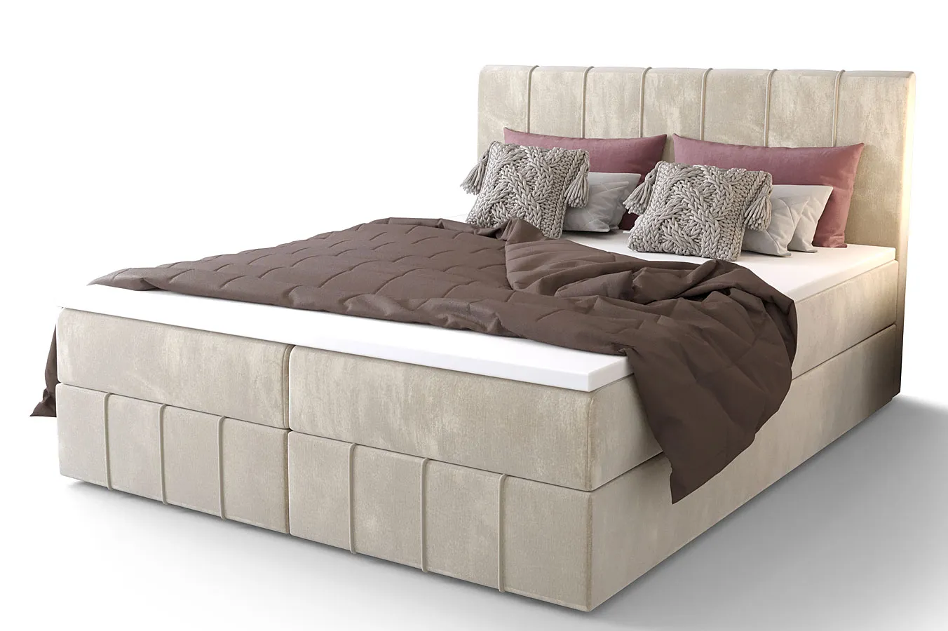 Beżowe welurowe łóżko kontynentalne z pojemnikiem N8-D00