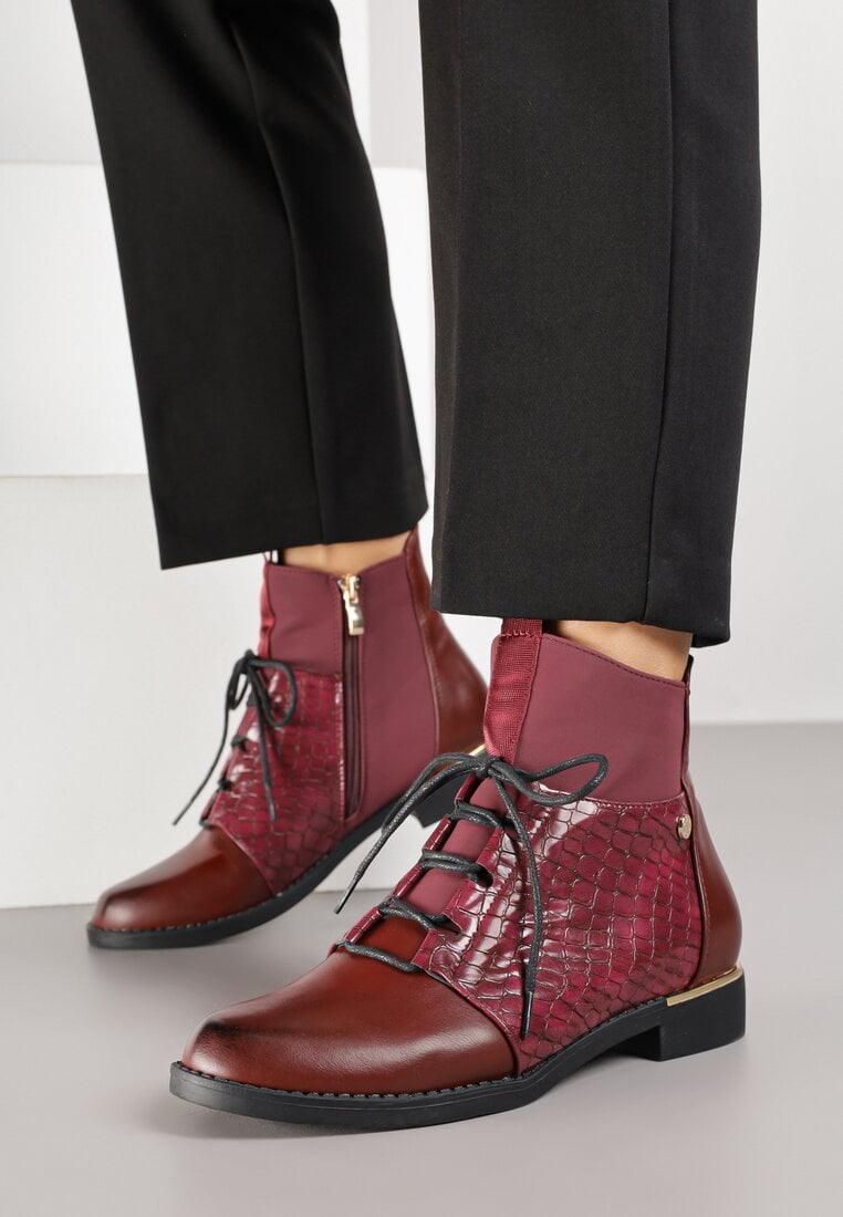 Bordowe Botki Vices Typu Trzewiki ze Wzorem w Stylu Krokodyla Alerriva