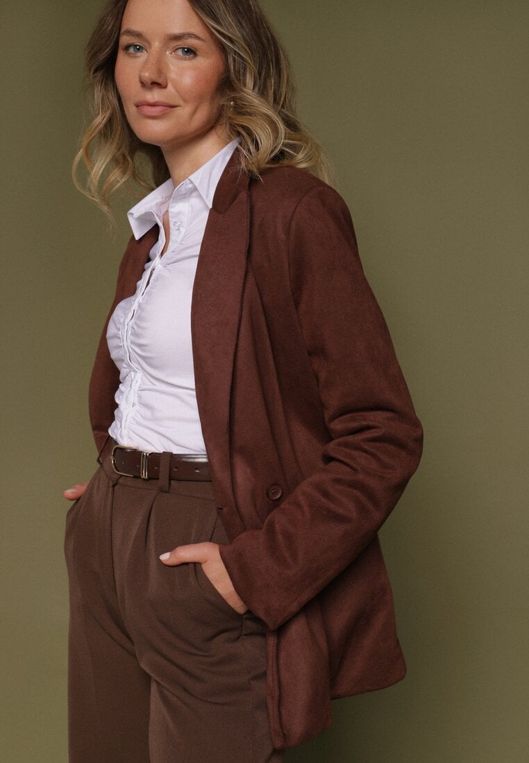 Brązowa Dwurzędowa Marynarka o Pudełkowym Kroju z Usztywnianymi Ramionami Alean