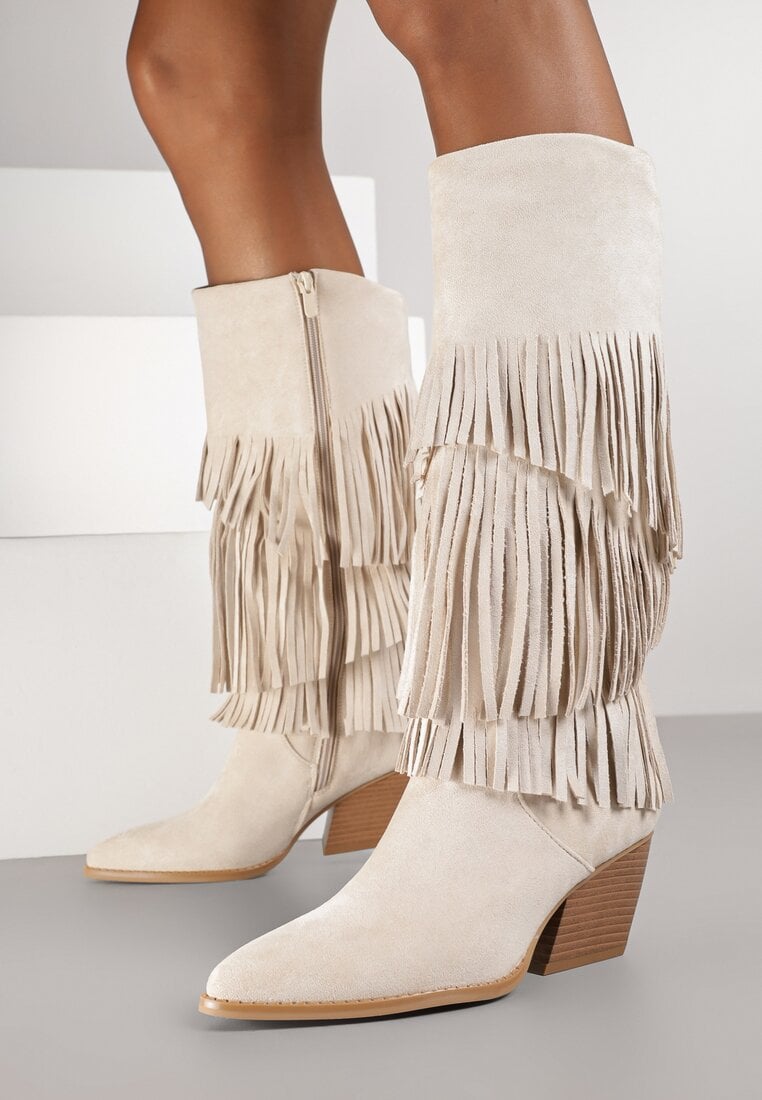 Beżowe Kozaki Typu Kowbojki na Stożkowym Obcasie z Frędzlami Acirrive
