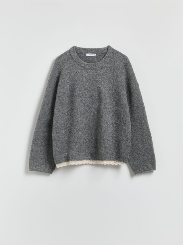 Reserved - Sweter z koronkowym wykończeniem - ciemnoszary