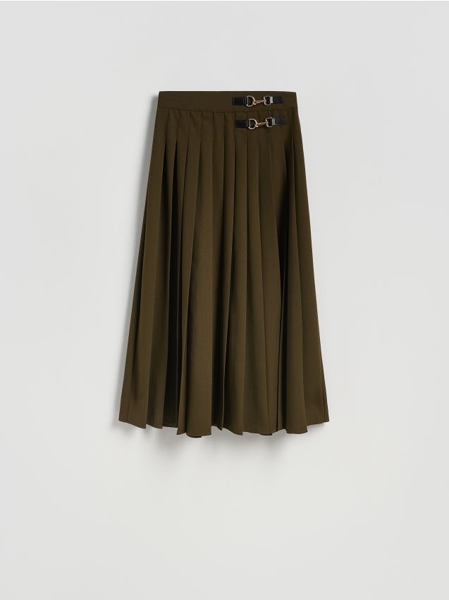 Reserved - Plisowana spódnica midi - oliwkowy