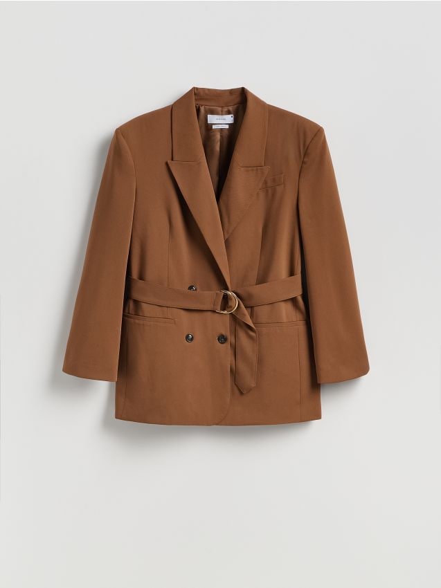 Reserved - Dwurzędowa marynarka z paskiem - brązowy