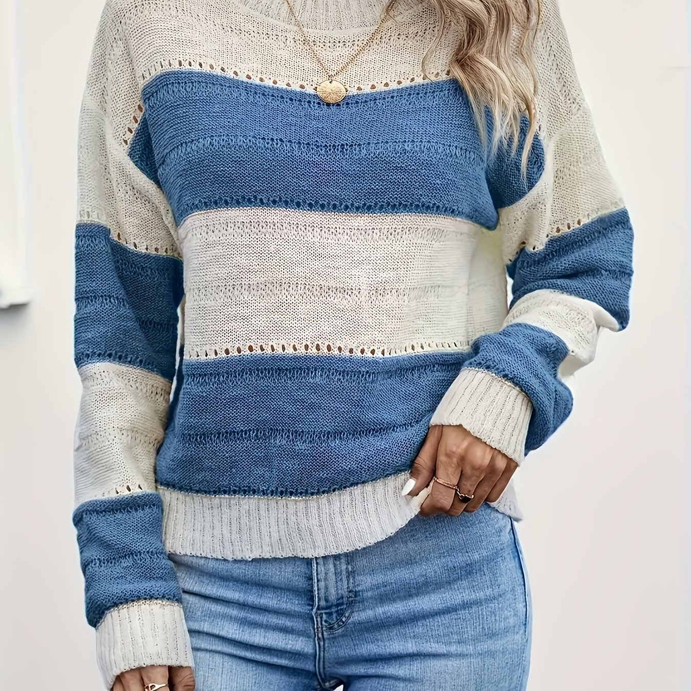 TEMU Sweter Damski Elegancki – Nieelastyczny Pullover w Kolorach Niebieskim i Beżowym, Okrągły Dekolt, Casualowy i Stylowy na Codzienność oraz Na