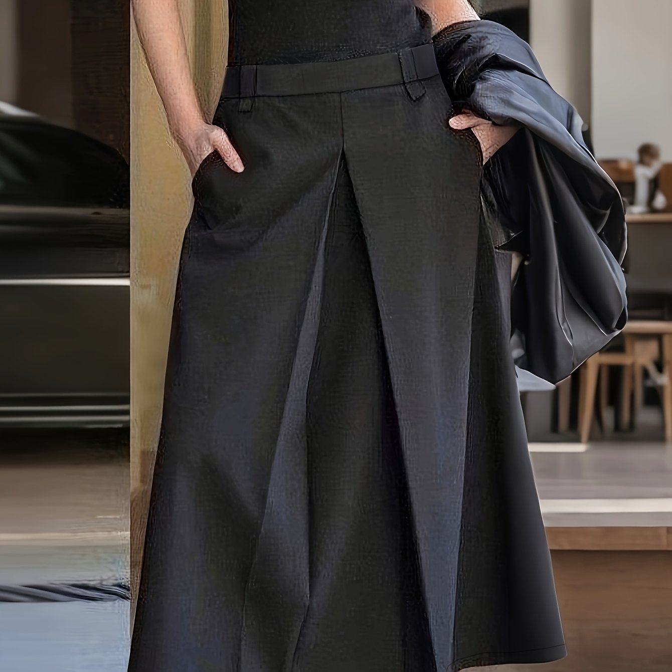 TEMU Elegancka spódnica damska w jednolitym kolorze, plisowana spódnica, bez paska, z kieszeniami, bez podszewki, ukryty zamek błyskawiczny z tyłu,