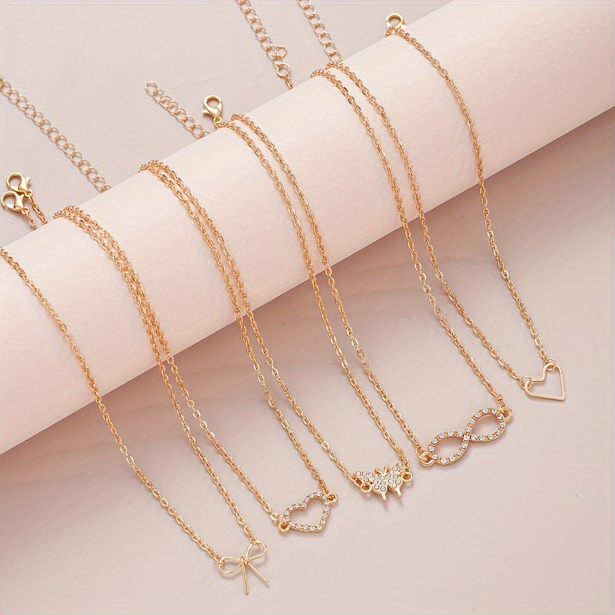 TEMU Zestaw naszyjników z 5 elementami - , Nieskończoność i Kokardka w stylu prostym i wakacyjnym z kryształkami - Biżuteria na łańcuszku z cynku dla