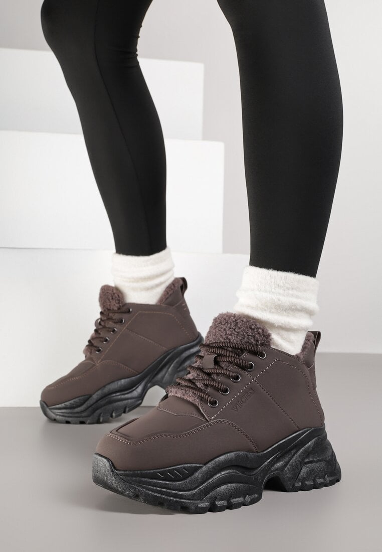 Brązowe Traperki Sneakersy Vices na Grubej Tłoczonej Platformie Typu Traperki Narrise