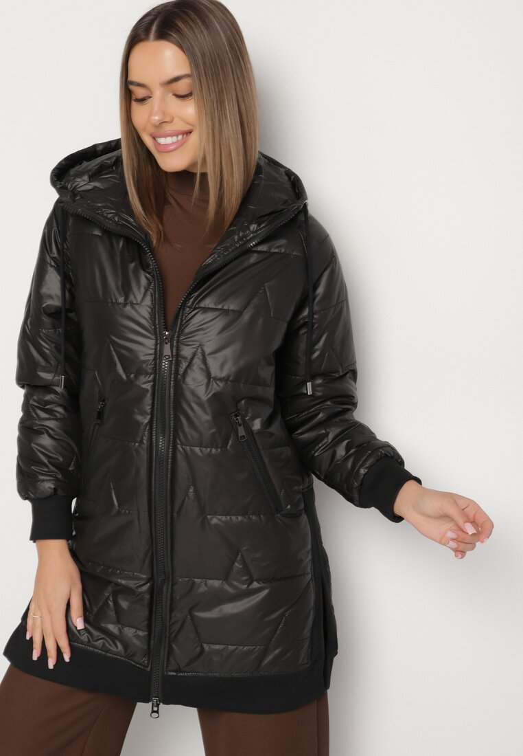 Czarna Pikowana Kurtka Przejściowa z Kapturem i Ściągaczami Fesarena