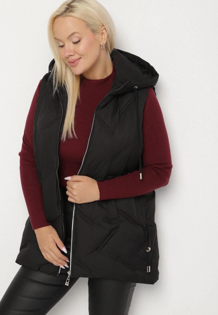 Czarna Przejściowa Kamizelka z Pikowanymi Przeszyciami i Kapturem Fesolira