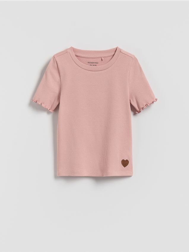 Reserved - Prążkowany t-shirt z haftem - różowy