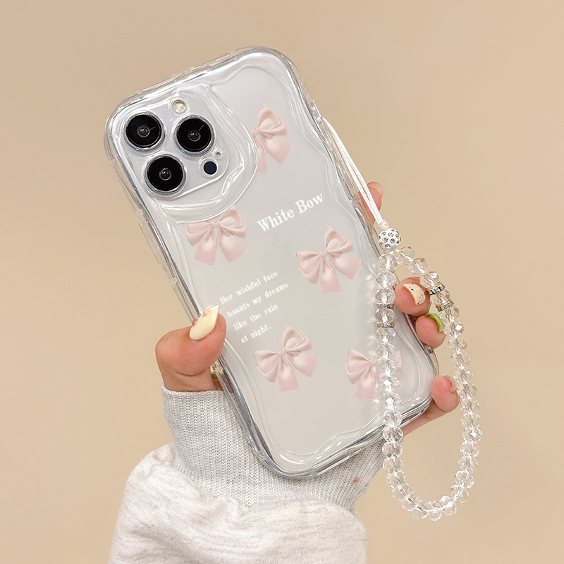 TEMU 2025 Modny Nowy Antywstrząsowy Design Różowy Wzór Kokardki Smycz Etui na Telefon do Iphone 16 15 14 Pro Max XS XR Mini 7 8 SE2 SE3 PLG1