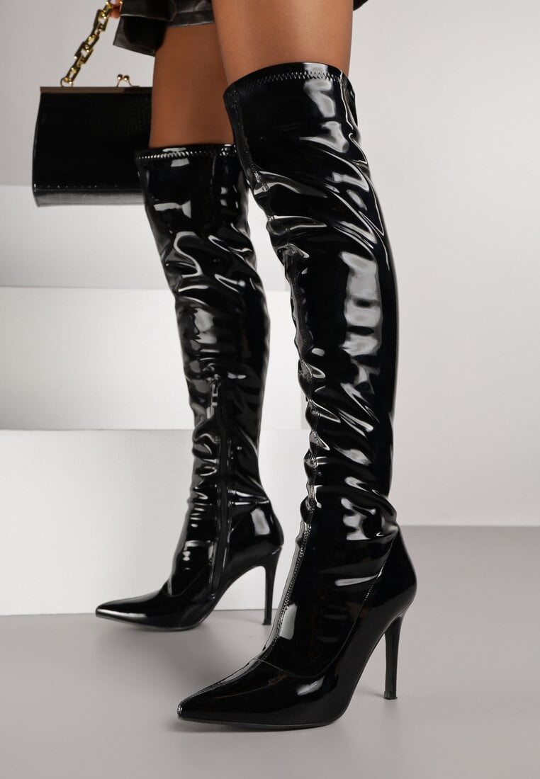 Czarne Marszczone Lakierowane Kozaki Vices na Szpilce z Noskiem w Szpic Caldissa