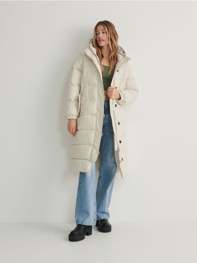 Reserved - Płaszcz z wiązanym paskiem - kremowy