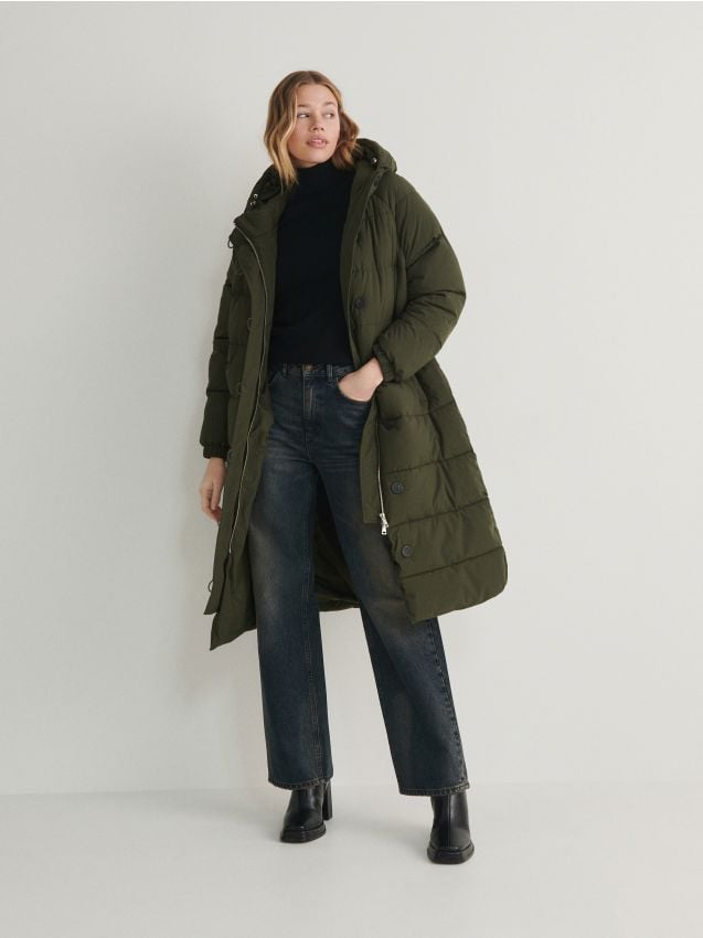 Reserved - Płaszcz z wiązanym paskiem - zielony