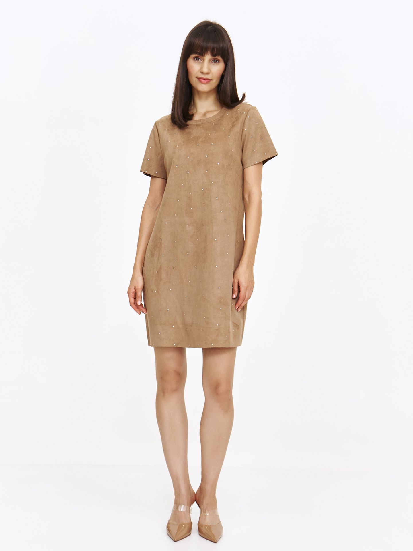 Prosta beżowa sukienka z eko zamszu