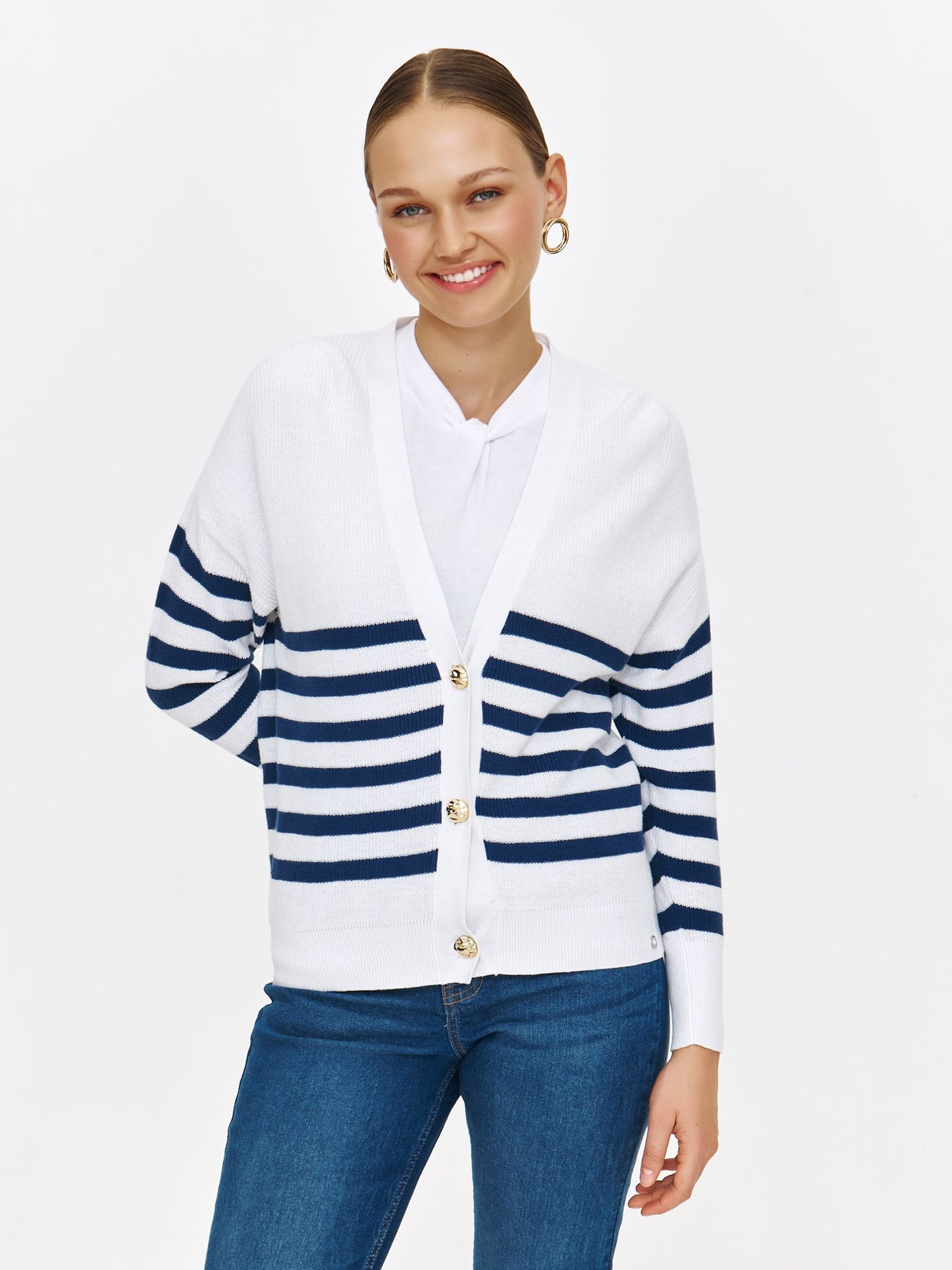 Kardigan z długim rękawem w granatowe paski