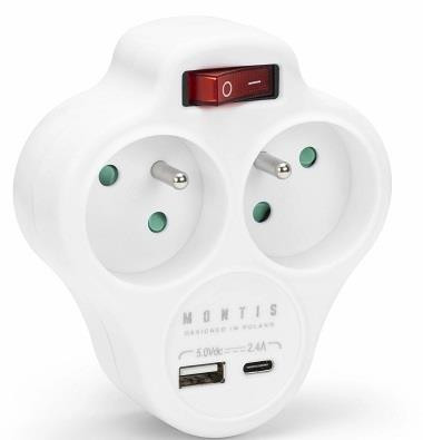 Rozgałęźnik sieciowy podwójny z wyłącznikiem + USB-A + USB-C MONTIS