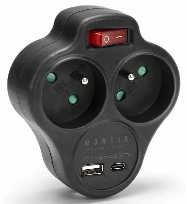 Rozgałęźnik sieciowy podwójny z wyłącznikiem + USB-A + USB-C MONTIS MT144-BK