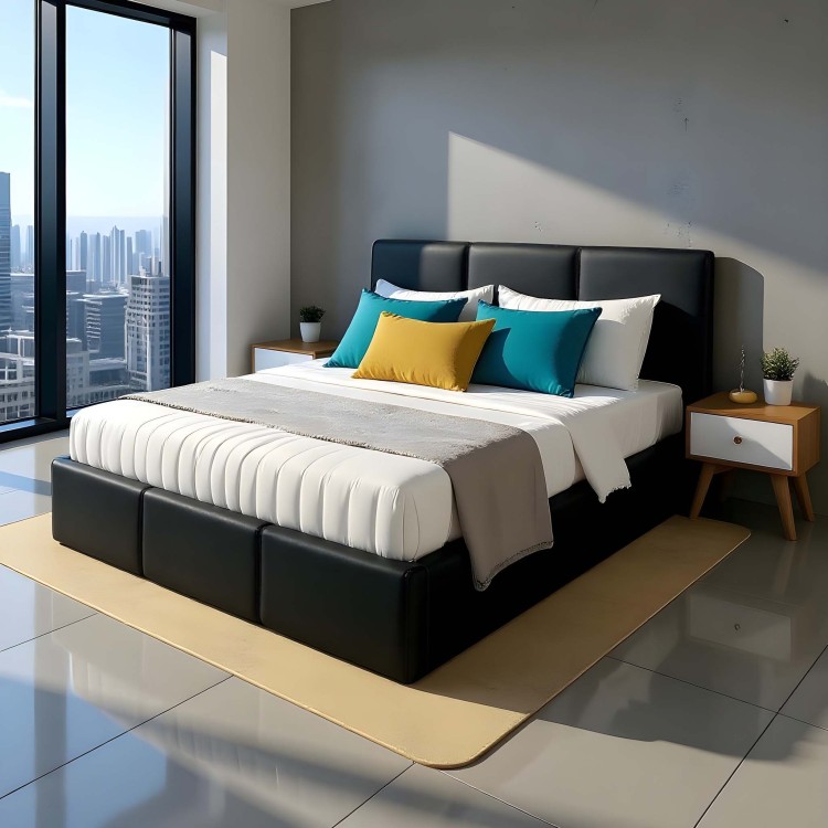 Łóżko małżeńskie tapicerowane z pojemnikiem VELORA 120x200 eko skóra czarne