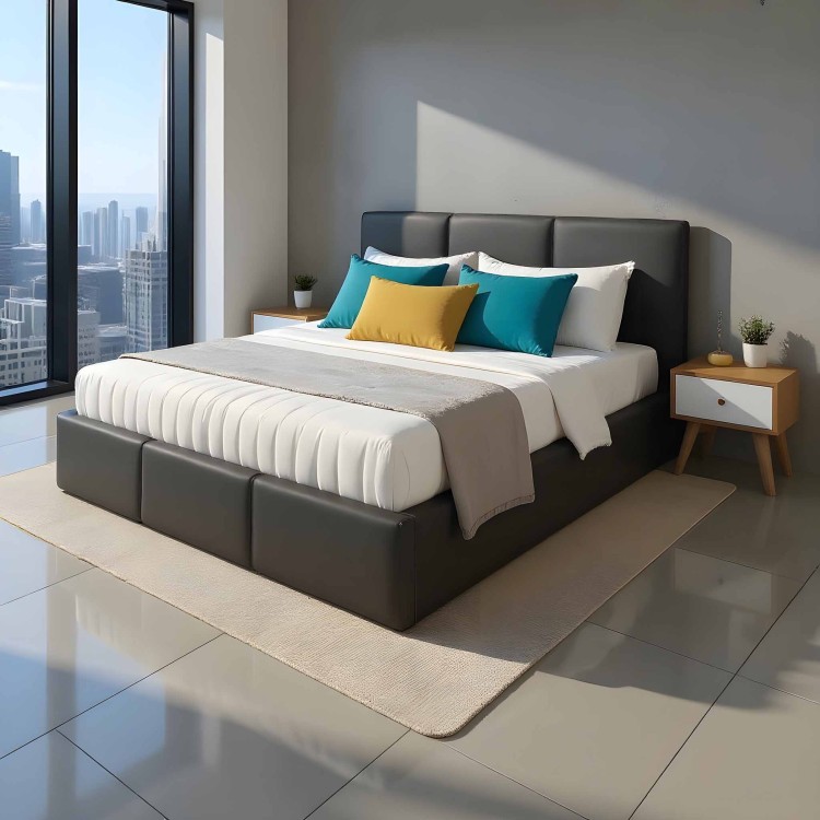 Łóżko małżeńskie tapicerowane z pojemnikiem VELORA 120x200 eko skóra grafit