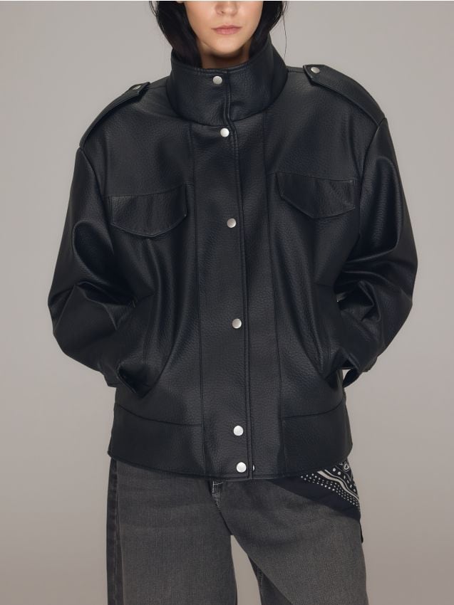 Reserved - Kurtka oversize z imitacji skóry - czarny