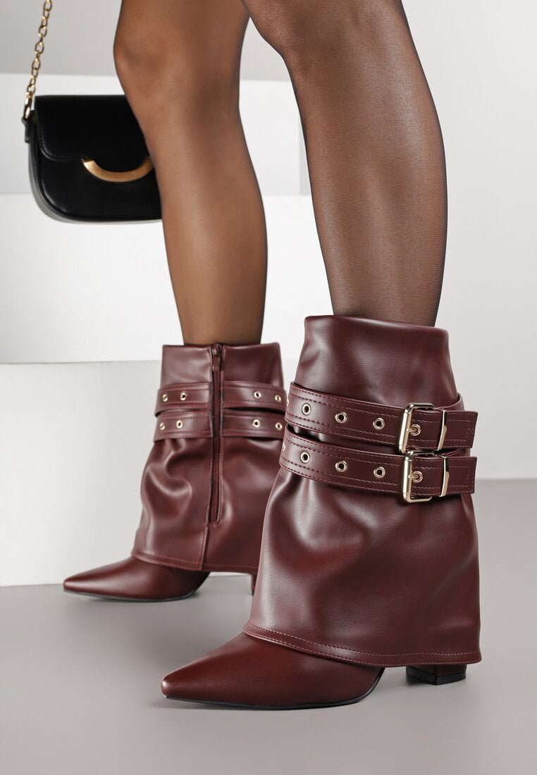Bordowe Botki Typu Kowbojki na Obcasie z Wywiniętą Cholewką i Klamrami Cidvire