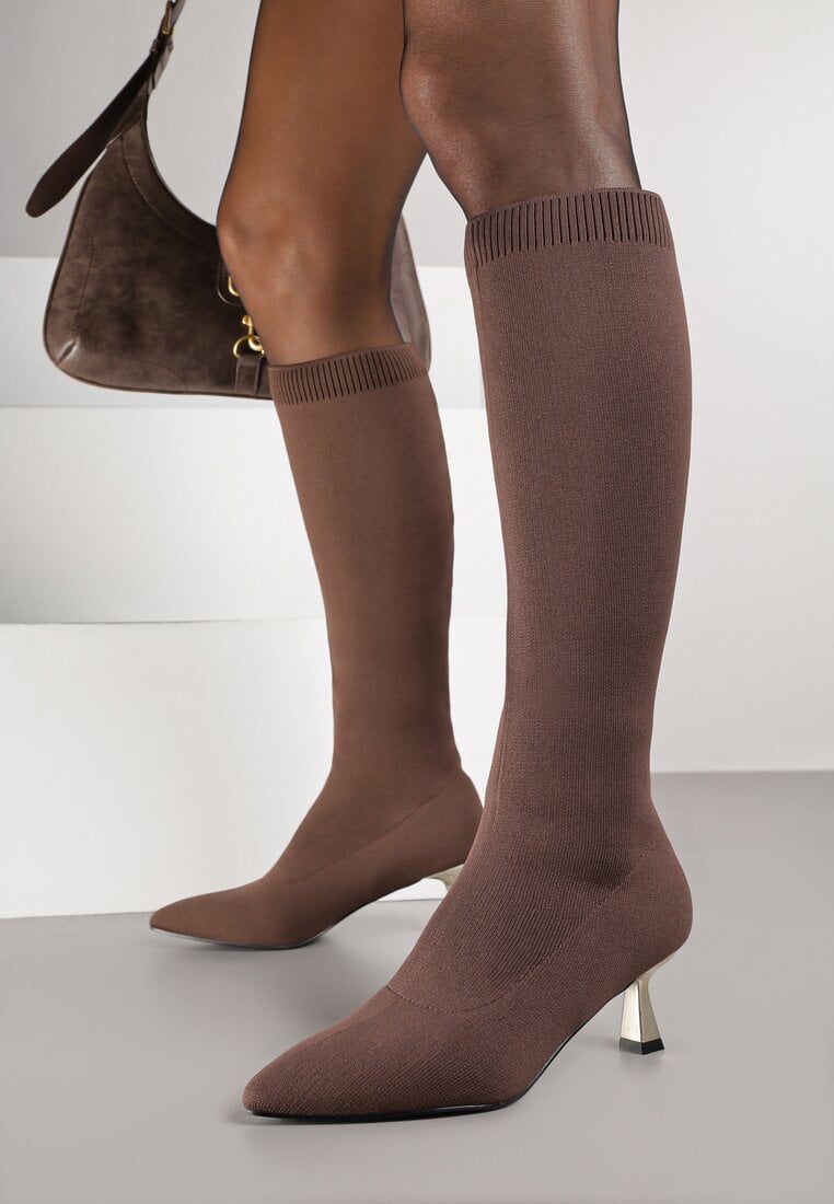 Brązowe Kozaki Vices na Obcasie Kaczuszce z Elastyczną Cholewką Asenella