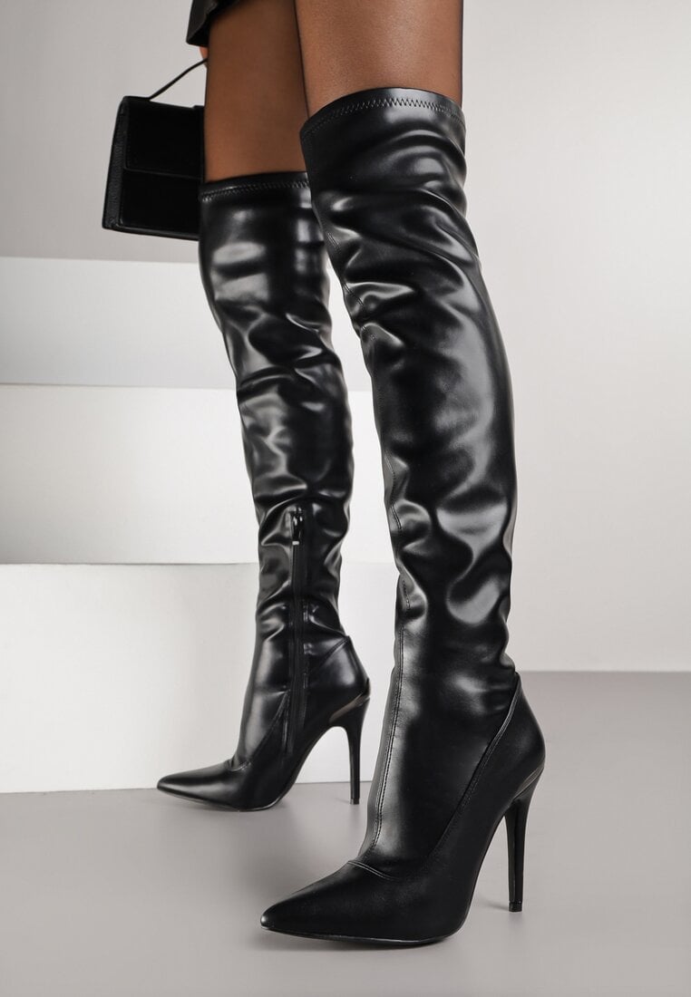 Czarne Dopasowane Kozaki Vices za Kolano na Szpilce Tedvira