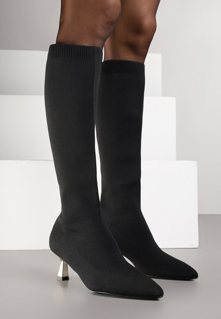 Czarno-Złote Kozaki Vices na Obcasie Kaczuszce z Elastyczną Cholewką Asenella