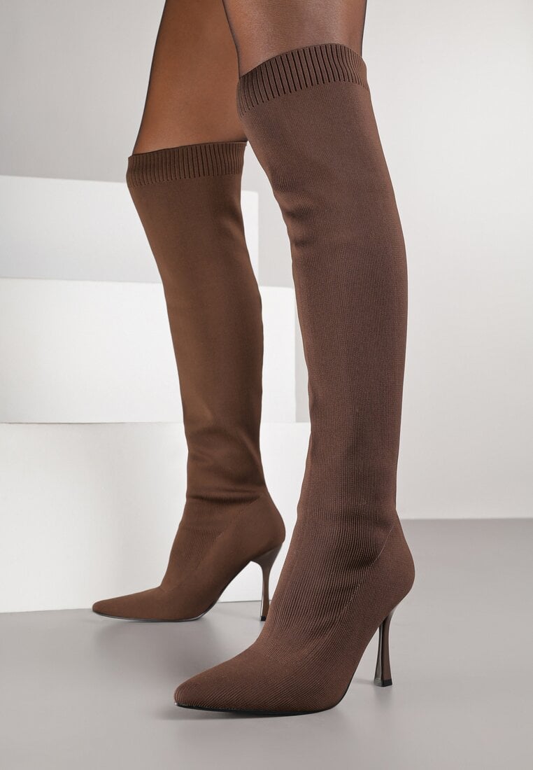 Brązowe Kozaki Vices na Szpilce ze Skarpetową Cholewką Nuira