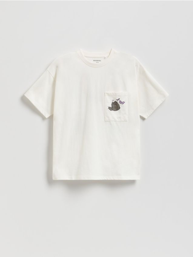 Reserved - Bawełniany t-shirt Pusheen - złamana biel