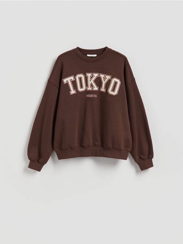 Reserved - Bluza z haftowanym napisem - ciemnobrązowy