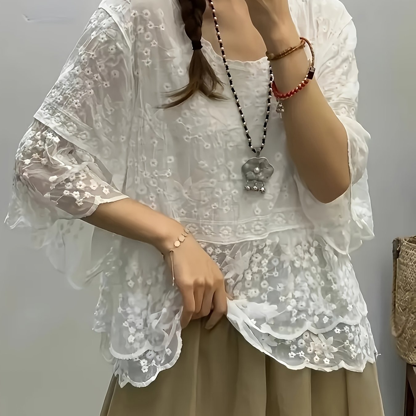 TEMU Bohemian Styl Haftowany V-Neck Prześwitujący Rękaw Rozkloszowany Lekki Sweter