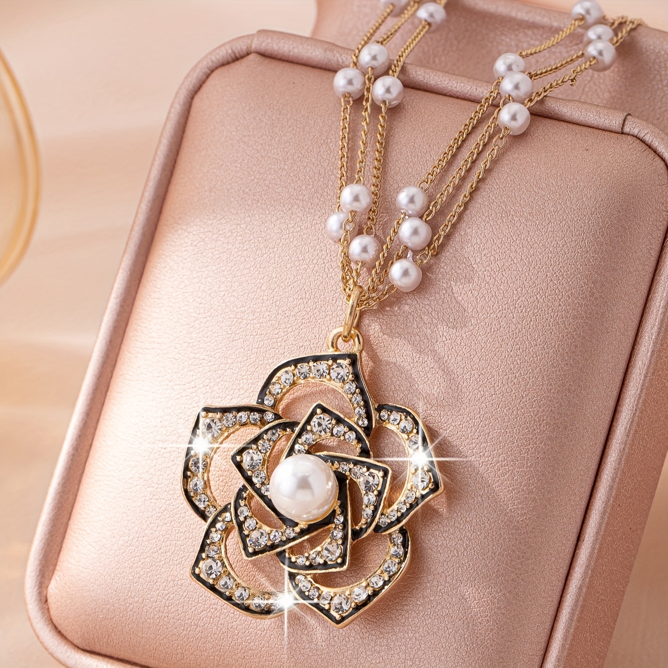 TEMU Elegancka i wielowarstwowa perła sztuczna i brokatowa koralik z kwiatami z złocistego stopu cynku - idealna na wesela i imprezy formalne,