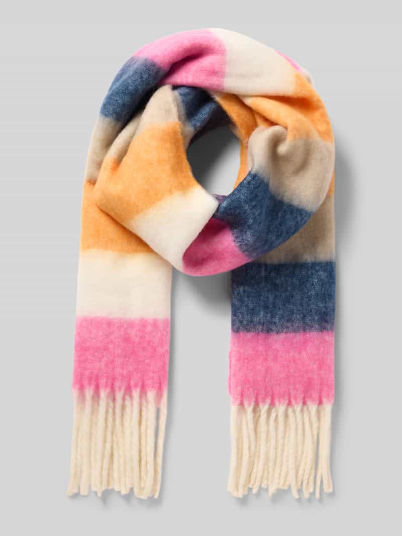 Szal ze wzorem w paski i frędzlami