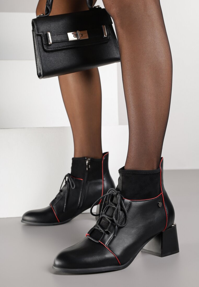 Czarne Botki Trzewiki na Obcasie Vices z Przeszyciami Nirivine