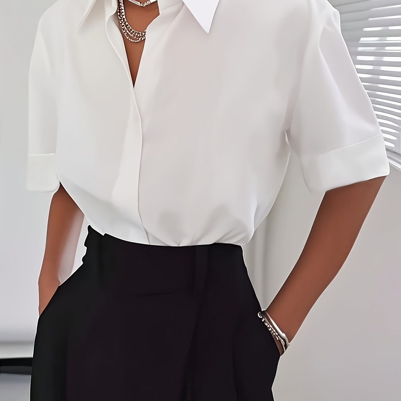 TEMU Bluzka Damska Elegancka Biała z Krótkim Rękawem i Detalami Guzików - Stylowa Koszula z Kołnierzykiem na Codzień i do Pracy, Idealna na Dojazdy i